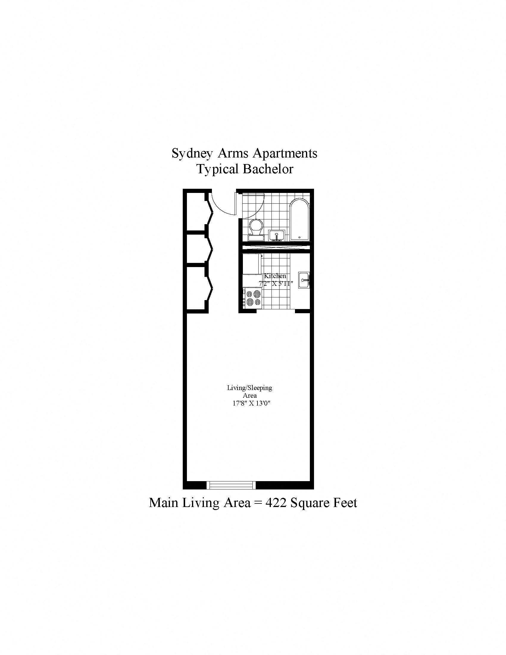 Floor plan for studio, 1 bath, 422 sqft